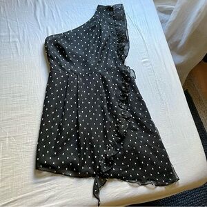 FiveSeventyFive black Swiss‎ dot asymmetrical ruffle one shoulder mini dress